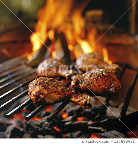 Juicy chicken legs seasoned with herbs and spices, sizzling on a hot grill over glowing embers, creating a delicious outdoor barbecue scene 125699451