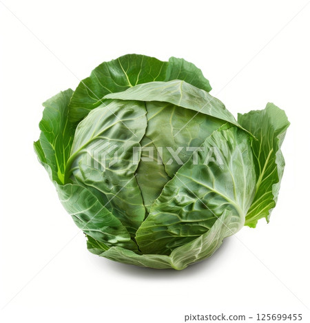 A fresh, green cabbage sits whole, its leaves tightly wrapped, showcasing its vibrant color and texture 125699455