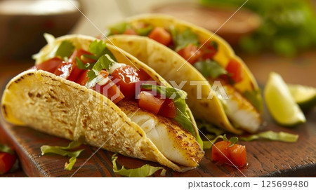 Delicious fish tacos with fresh toppings on a rustic wooden board Delicious fish tacos with fresh toppings on a rustic wooden board 125699480