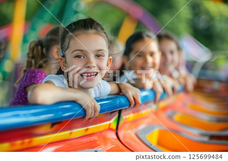 Happy children enjoy a thrilling ride on a colorful amusement park carousel 125699484