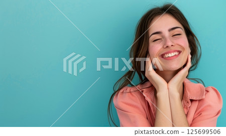 Happy young woman with freckles smiles broadly, hands gently touching her face, against a teal background 125699506