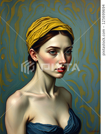 A young woman in a yellow headwrap gazes calmly aside. Her elegant features and deep blue dress evoke classic beauty in this oil-painted, stylized portrait with golden abstract background 125699694
