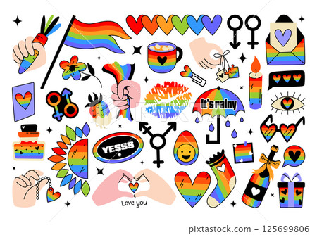 Set of colorful gender stickers in retro cartoon style. Flat vector illustration, symbol, icon. LGBTQI pride month celebration, tolerance, June, orientation, gender, rainbow, equality, gay, lesbian. 125699806