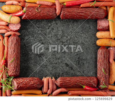 Various dry-cured and smoked sausages with red pepper and rosemary. 125699829