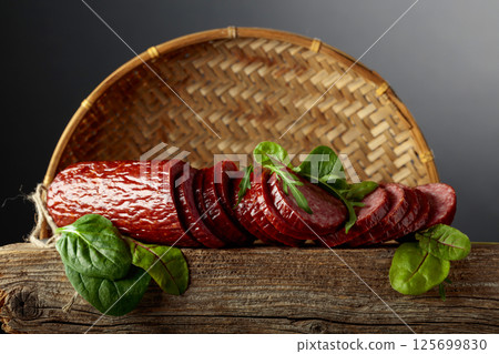 Sliced salami on a old wooden board. 125699830