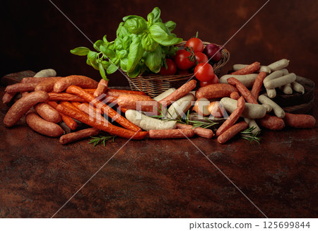 Various sausages with basil, onion, rosemary, and tomatoes on a brown background. 125699844