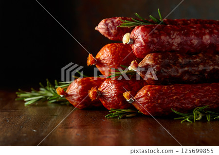 Smoked and dry cured sausages on a old wooden table. 125699855