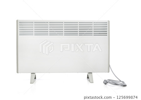 Electric heater battery. Radiator. Home electric heater convector isolated on white background. Equipment for rapid heating of the room Electric heater battery. Radiator. Home electric heater convector isolated on white background. Equipment for rapid heating of the room 125699874