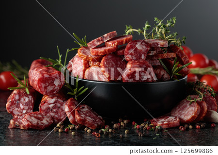 Sliced dry cured sausages with spices on a black table. 125699886