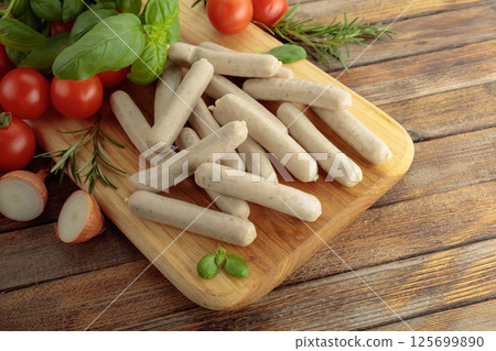Bavarian white sausages with basil and tomatoes on a cutting board. Bavarian white sausages with basil and tomatoes on a cutting board. 125699890