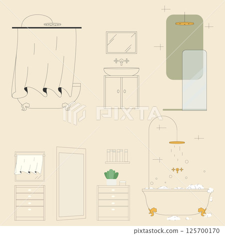 Sink, bath items accessories. Shower, bathroom interior with soapy foam water filled tub vector illustration. Sink, bath items accessories. Shower, bathroom interior with soapy foam water filled tub vector illustration. 125700170