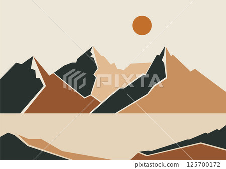 Seaside and mountains landscape illustration poster. Minimalistic pastel colored vector terracotta art 125700172