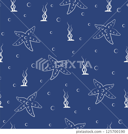Cute ocean cartoon animals and fishes sketch pattern. Seamless pattern with underwater 2d characters 125700190