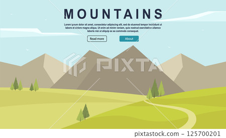 Mountains travel advertising background. Summer landscape of nature, mountains and forest banner 125700201