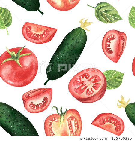 Watercolor seamless pattern of vegetables, tomato, cucumber, basil, hand drawn illustration on white background. For restaurant, kitchen, textile, fabric. Watercolor seamless pattern of vegetables, tomato, cucumber, basil, hand drawn illustration on white background. For restaurant, kitchen, textile, fabric. 125700380