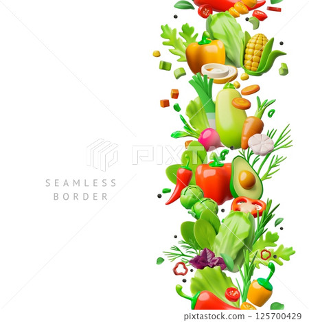 Vegetables with greens 3D plastic style vector vertically seamless border, natural healthy organic food salad ingredient 125700429