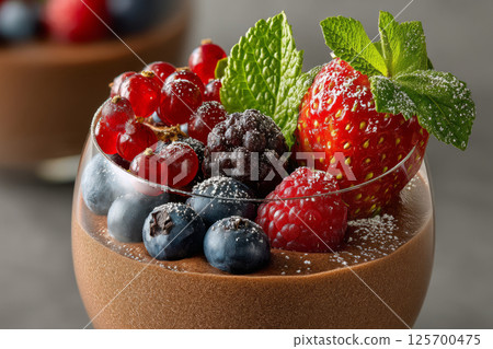 Chocolate mousse with fresh berries and mint 125700475