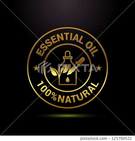 Essential oil icon design, 100 percent essential oil icon label sign in gold color style Essential oil icon design, 100 percent essential oil icon label sign in gold color style 125700522