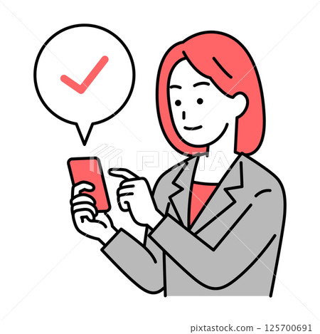 一位穿著西裝的女士正在查看她的智慧型手機 125700691
