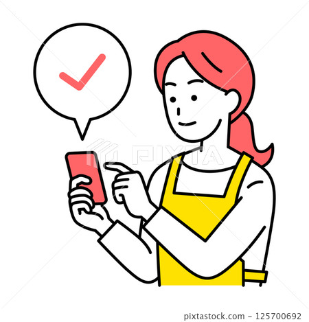 一位穿著圍裙的女士正在查看她的智慧型手機 125700692