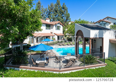 Aerial view of residential subdivision house neighborhood with pool in Mission Mesa. South California, USA 125700728