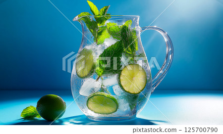 A glass pitcher filled with refreshing mojito ingredients, including lime, mint, and ice, against a blue background 125700790