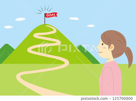 圖：終點線上的一座山和一位手持旗幟的女子 125700800