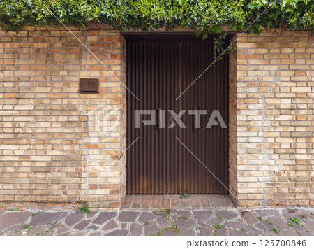 Corrugated Metal Door Set in Brick Wall with Ivy 125700846