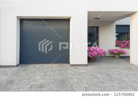 Modern House Entrance with Flower Pots and Garage Modern House Entrance with Flower Pots and Garage 125700862