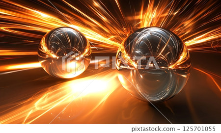 Two shiny spheres reflecting light on a dark background 125701055