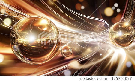A gold and white abstract painting of three spheres 125701057