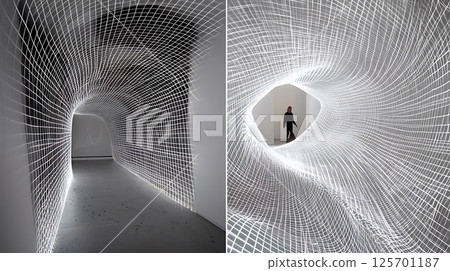 Two different views of a large, white room with a spiral design Two different views of a large, white room with a spiral design 125701187