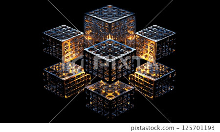 A cube made of glass with a yellow light shining on it 125701193