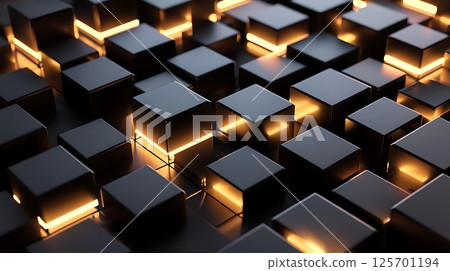 A black and yellow image of cubes with a bright yellow light shining on them A black and yellow image of cubes with a bright yellow light shining on them 125701194