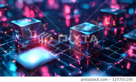 A computer chip is shown in a blue and pink color scheme A computer chip is shown in a blue and pink color scheme 125701195