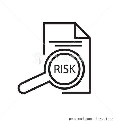 Line icon of a document with a magnifier and the word risk above it. Suitable for data analysis, reports, audits, and business research. Vector illustration 125701222