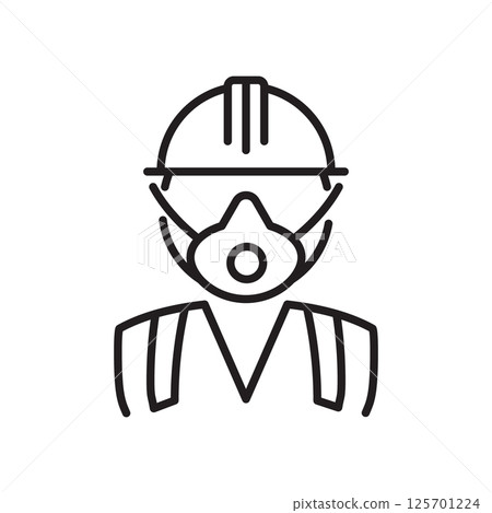 Line icon of a person in a helmet and respirator mask. Symbolizes respiratory safety and protection in hazardous or industrial work environments. 125701224