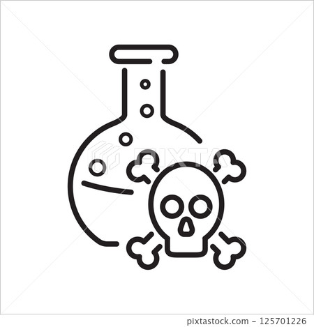 Line icon of a test tube and skull representing chemical hazard. Suitable for safety materials and educational content on toxic substances. 125701226