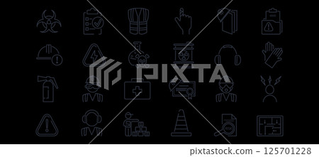 Icon showing safety, fire risk, and hazard management. Depicts accident equipment and workplace emergency protection. Linear vector for industrial use. 125701228