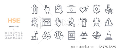 Health Safety Environment line icon set.First aid kit, danger, protective mask, heart, recycling, clean energy, radiation, fire extinguisher, goggles, cone vector illustration. Editable Stroke 125701229