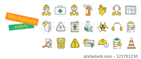 Set of vector safety icons in yellow and green colors. Health and safety topics in the workplace. Includes accident prevention, industrial protection and work related hazards in a modern flat style. 125701230
