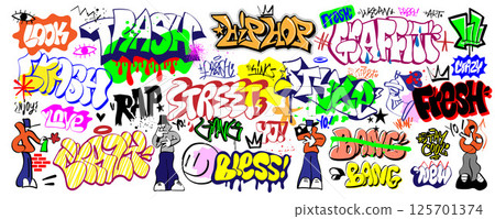 Graffiti Rap Music Hip Hop Style Words and Characters Vector set, street art sign and symbols isolated design element Graffiti Rap Music Hip Hop Style Words and Characters Vector set, street art sign and symbols isolated design element 125701374