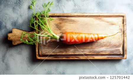 Fresh Carrot with Greens on Wooden Cutting Board in Rustic Setting 125701442