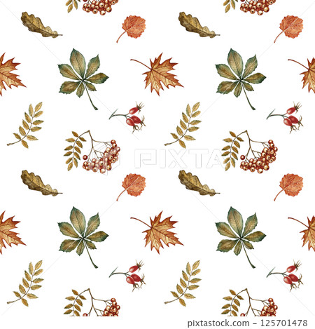 Seamless pattern with different autumn floral elements. Handmade watercolor illustration. Color image. Great for packaging, decor, textiles and wallpaper, for printing and wrapping paper. 125701478