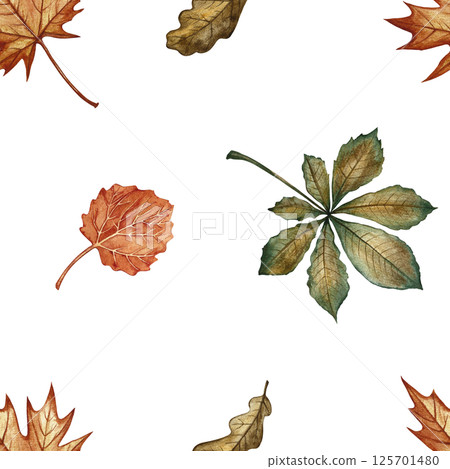 Seamless pattern with different autumn leaves. Handmade watercolor illustration. Color image. Great for packaging, decor, textiles and wallpaper, for printing and wrapping paper. Seamless pattern with different autumn leaves. Handmade watercolor illustration. Color image. Great for packaging, decor, textiles and wallpaper, for printing and wrapping paper. 125701480