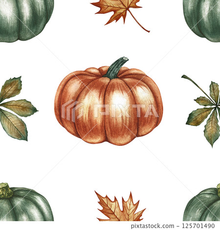 Seamless autumn pattern with pumpkins, leaves and flowers. Handmade watercolor illustration. Color image. For packaging, decor, textiles and wallpaper. As well as for printing and wrapping paper. Seamless autumn pattern with pumpkins, leaves and flowers. Handmade watercolor illustration. Color image. For packaging, decor, textiles and wallpaper. As well as for printing and wrapping paper. 125701490