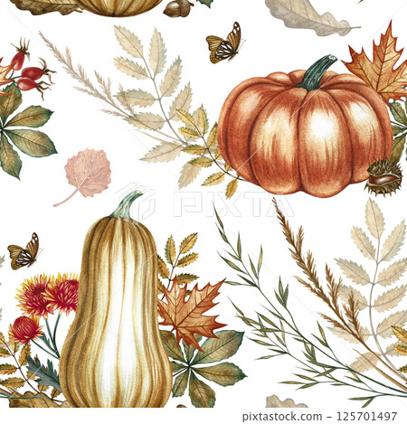 Seamless autumn pattern with pumpkins, leaves and flowers. Handmade watercolor illustration. Color image. For packaging, decor, textiles and wallpaper. As well as for printing and wrapping paper. 125701497