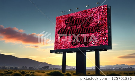 A colorful billboard announces Happy Valentine's Day against a beautiful sunset, adorned with pink and red hearts, spreading love and festive cheer. A colorful billboard announces Happy Valentine's Day against a beautiful sunset, adorned with pink and red hearts, spreading love and festive cheer. 125701886