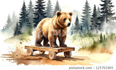 A playful watercolor illustration of a bear standing on a wooden cart, set against a backdrop of lush trees, evokes a sense of whimsy and nature. 125701905