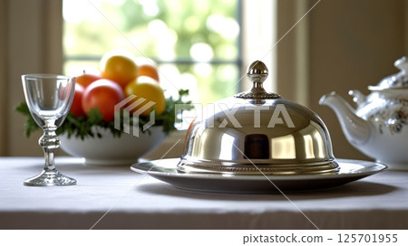 A polished silver cloche rests on a white tablecloth beside a crystal glass and a bowl of colorful fruit, creating an elegant dining atmosphere A polished silver cloche rests on a white tablecloth beside a crystal glass and a bowl of colorful fruit, creating an elegant dining atmosphere 125701955